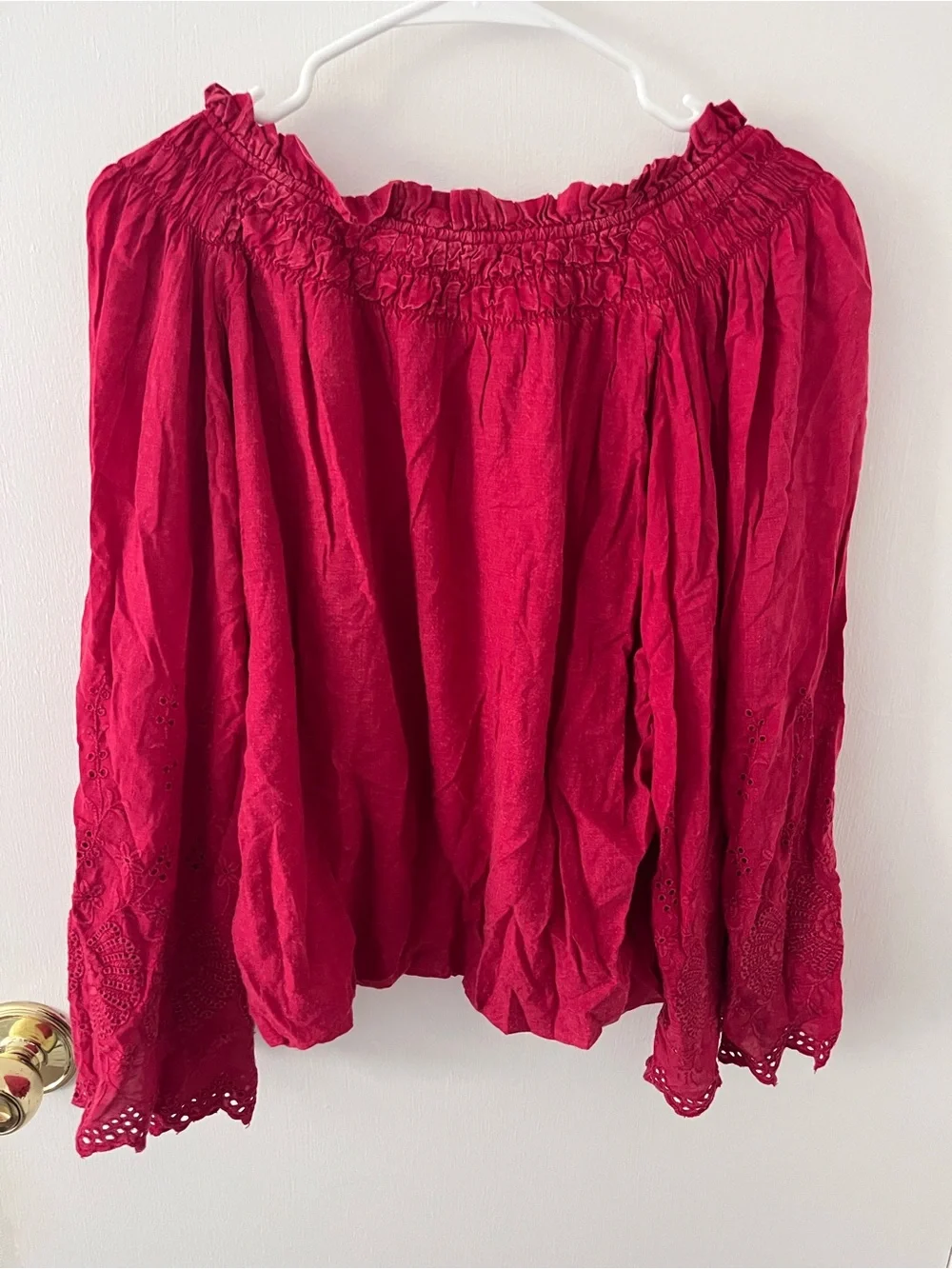 Free People Berry Red Boho Blouse Smocked Neck Embroidered Eyelet Long Sleeve S